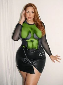 SHEIN SXY Plus Size Women Body Morph Figure Graphic Contrast Mesh Long Sleeve Sexy Tee, For Concert Party, Club, Birthday, Valentine Day, Bachelorette Party, Spring