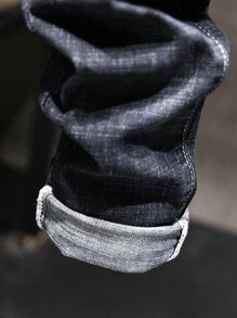 男式褶皱设计休闲松紧腰牛仔裤 - 深色水洗藍 - 查看 6