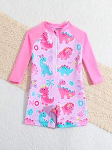 女婴/幼儿女孩长袖连体泳衣，恐龙印花，随机印花，防紫外线沙滩装 - 玫紅色 - 查看 5