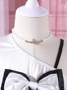 Baby Girls' Fashionable Glamorous Bowknot & Mesh Splice Asymmetrical Collar Dress For Spring/Summer