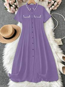 SHEIN Clasi Plus Size Summer Casual Elegant Personalized Faux Pearl-Beaded Shirt Dress - Purple - View 1