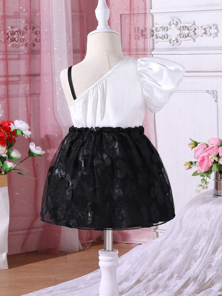 Baby Girls' Fashionable Glamorous Bowknot & Mesh Splice Asymmetrical Collar Dress For Spring/Summer