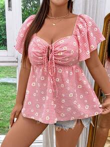 SHEIN SunnyBelle 大码甜心领短袖雏菊衬衫荷叶边上衣 - 粉色 - 查看 6