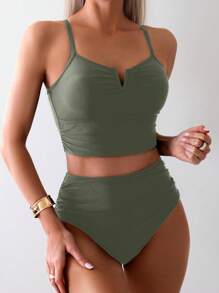 SHEIN Swim Đồ bơi nữ mùa hè màu trơn cổ chữ V xếp ly, áo và quần, đồ bơi đi nghỉ - xanh quân đội - Xem 1