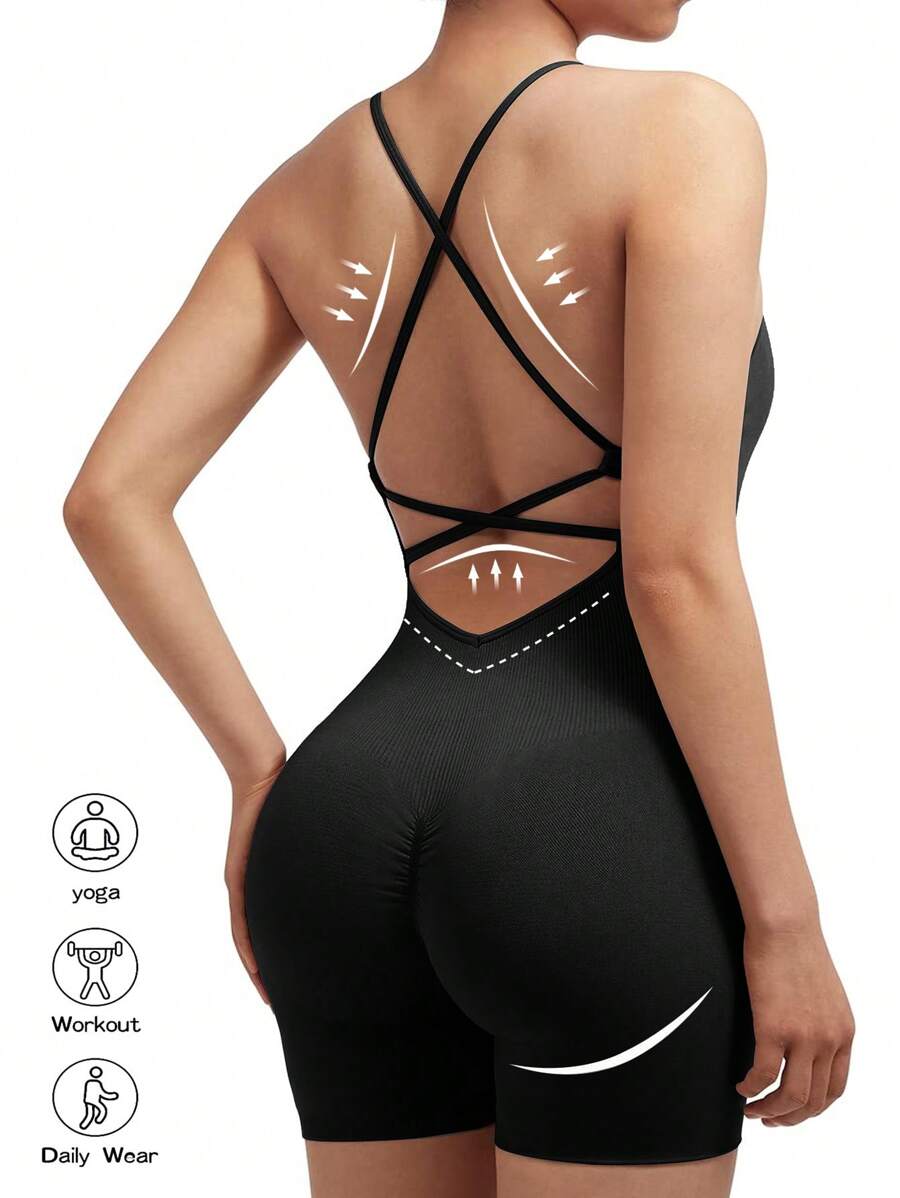 Slayform Slayform Criss Cross Backless Sports Cami Romper - Black - View 1