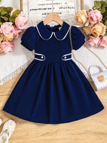 年轻女孩彼得潘领泡泡袖简约连衣裙 - 藍色 - 查看 1