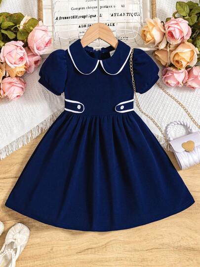 Vestido sencillo de manga abullonada con cuello Peter Pan para niña