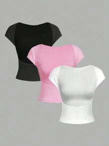 SHEIN EZwear 3pcs/Set Casual Backless Batwing Sleeve Solid Tee - Multicolor - View 1