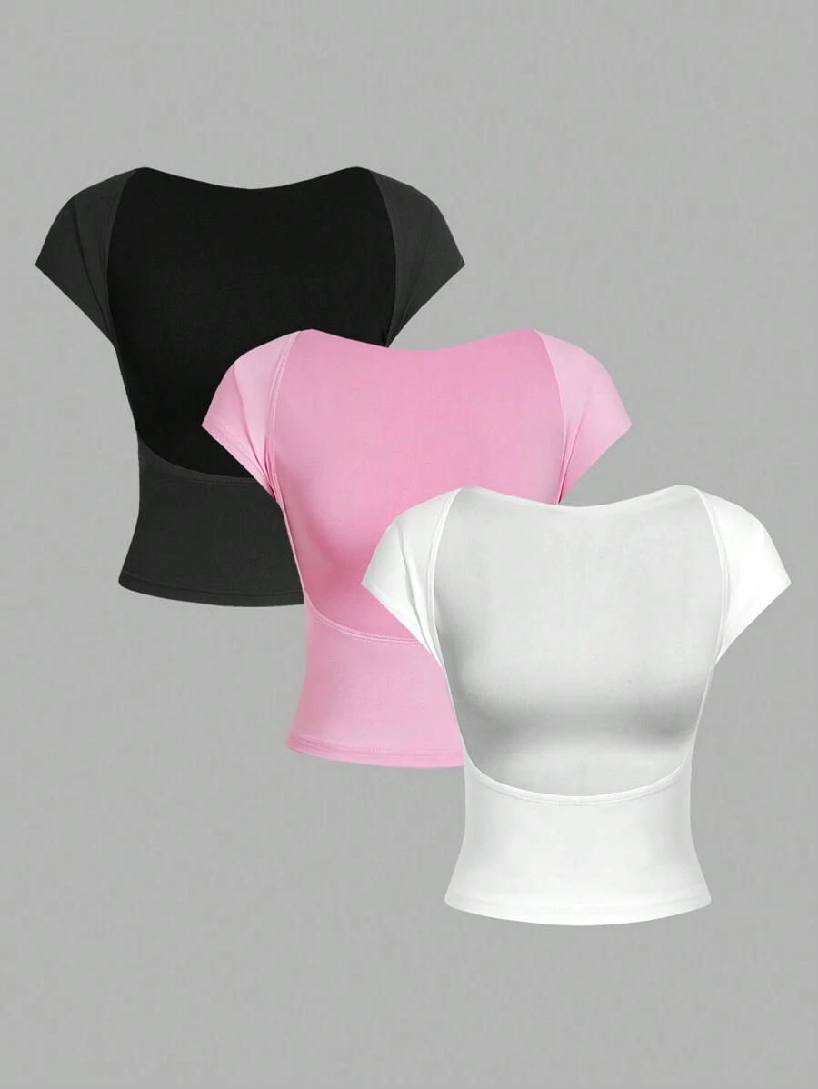 SHEIN EZwear 3pcs/Set Casual Backless Batwing Sleeve Solid Tee - Multicolor - View 1