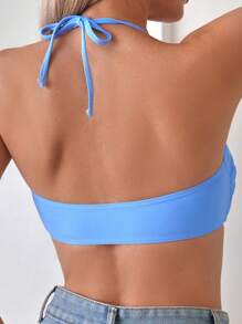 SHEIN Swim Women Solid Color Hollow Out Halter Neck Tie Simple Fashion Bikini Swimwear Top Summer