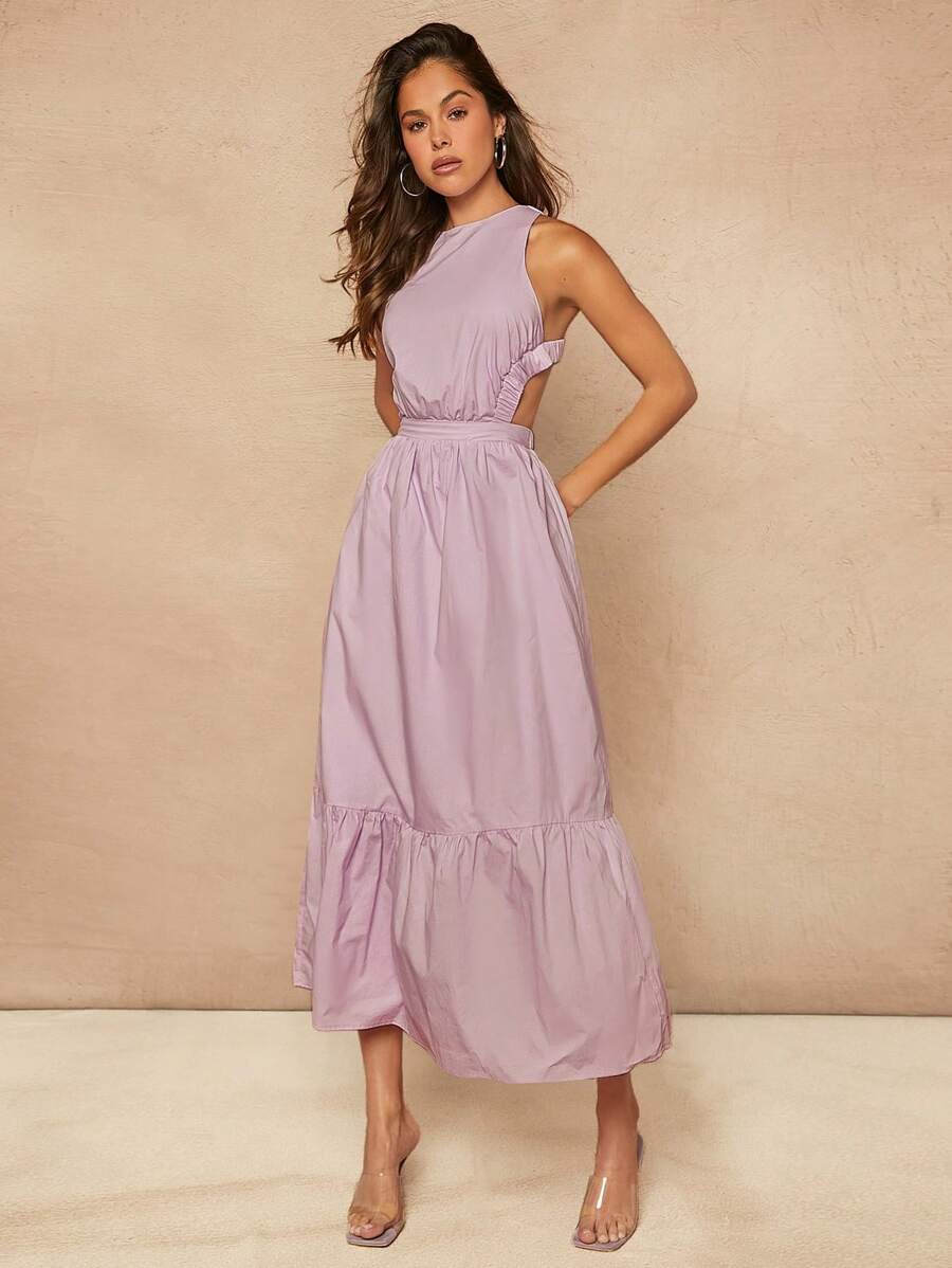 SHEIN Unity Ruffle Hem Cross Backless Dress, Sleeveless Long Dress For Summer Daily - Mauve Purple - View 1