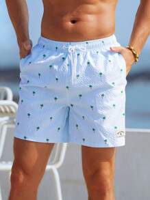 Manfinity Swimmode Men Textured Stripe Coconut Tree Printed Summer Drawstring Waist Beach Shorts,Hawaiian - Baby Blue - View 4