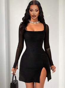 Women's Sexy Y2k Shrink Drawstring V-Neck Fold Tight T-Shirt Version Front Buckle Side Slit Dress