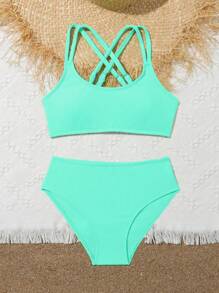Set de bikini pentru fete Tween, două piese, curea de umăr, costum de baie încrucișat, primăvară, vară, culoare fluorescentă, costum de baie, vară, plajă