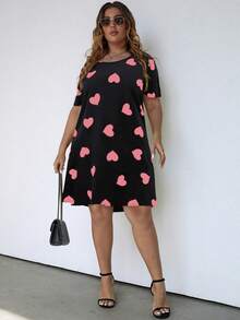 SHEIN LUNE Plus Size Simple Heart Print Round Neck Short Sleeve Dress - Pink - View 4