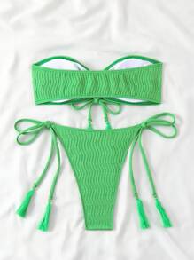 SHEIN Swim Solid Color Textured Bikini Set For Beach Vacation.,Summer Beach - Green - View 5