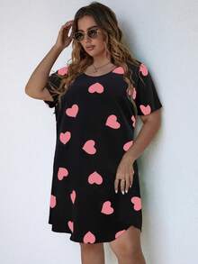 SHEIN LUNE Plus Size Simple Heart Print Round Neck Short Sleeve Dress - Pink - View 5