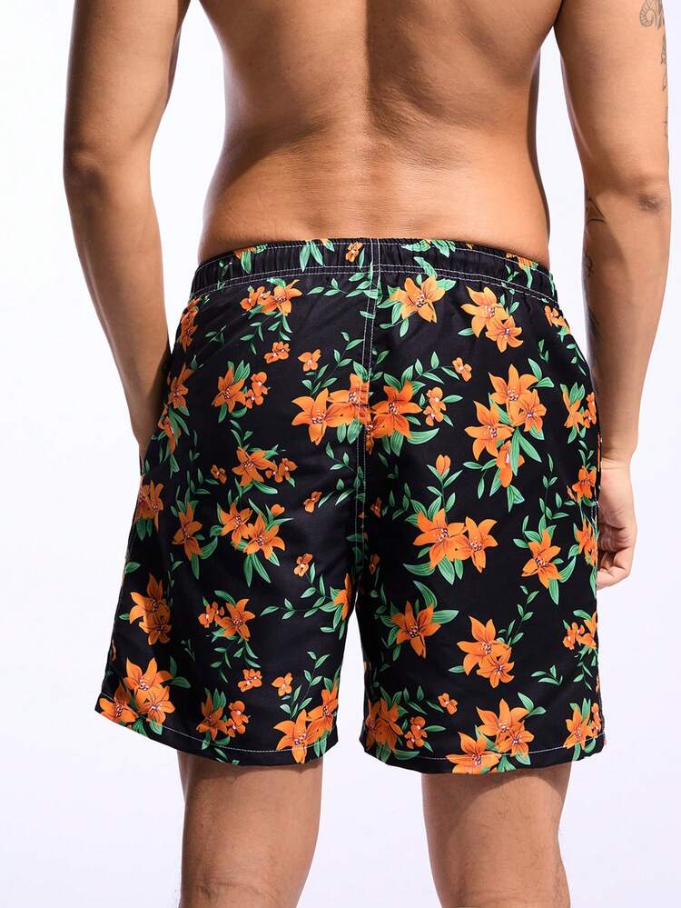 Men Casual Simple Printed Drawstring Beach Shorts