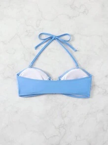 SHEIN Swim Women Solid Color Hollow Out Halter Neck Tie Simple Fashion Bikini Swimwear Top Summer