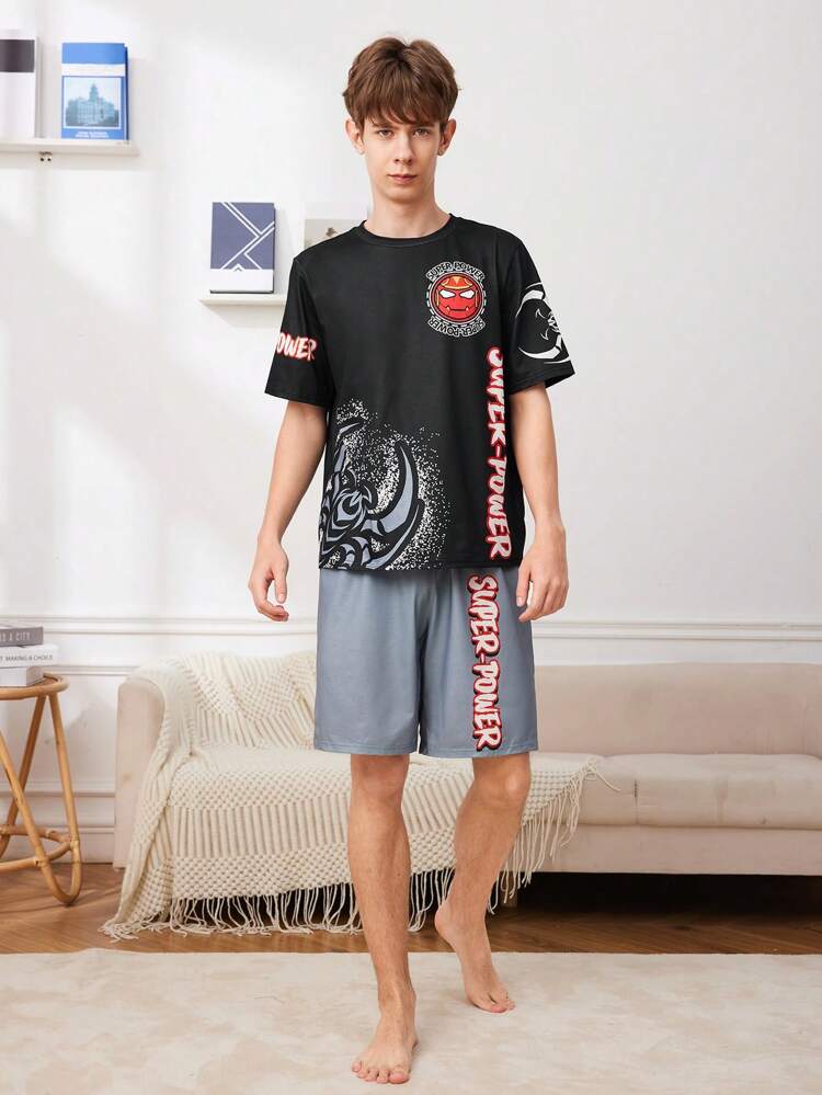 Teen Boy Two Pieces Set: Loose Fit Casual Sleepwear With Letter Pattern Round Neck Short Sleeve Top And Shorts