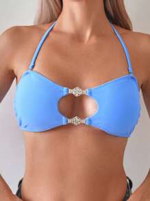 SHEIN Swim Women Solid Color Hollow Out Halter Neck Tie Simple Fashion Bikini Swimwear Top Summer