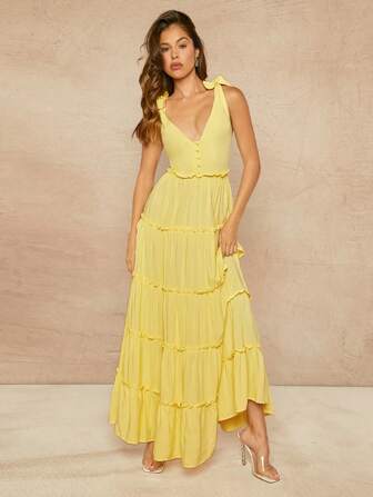 L'Amorae Tiered Frill Tie Strap Button Maxi Summer Dress