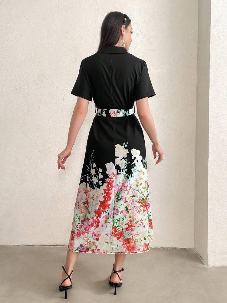 Women's Floral Printed Color Block Short Sleeve Shirt Dress