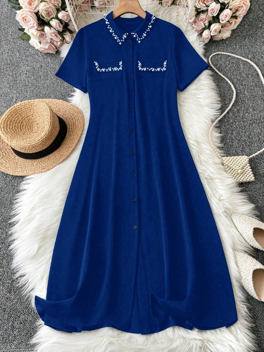 SHEIN Clasi 大尺碼優雅個性化珍珠裝飾短袖連衣裙,適用於夏季 - 藍色 - 查看 1