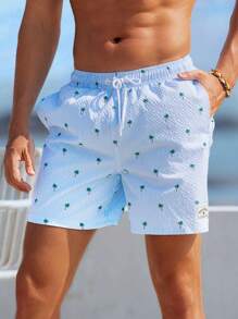 Manfinity Swimmode Men Textured Stripe Coconut Tree Printed Summer Drawstring Waist Beach Shorts,Hawaiian - Baby Blue - View 1