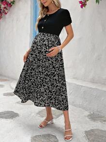 SHEIN Maternity Round Neck Short Sleeve Floral Print Dress - Black - View 4