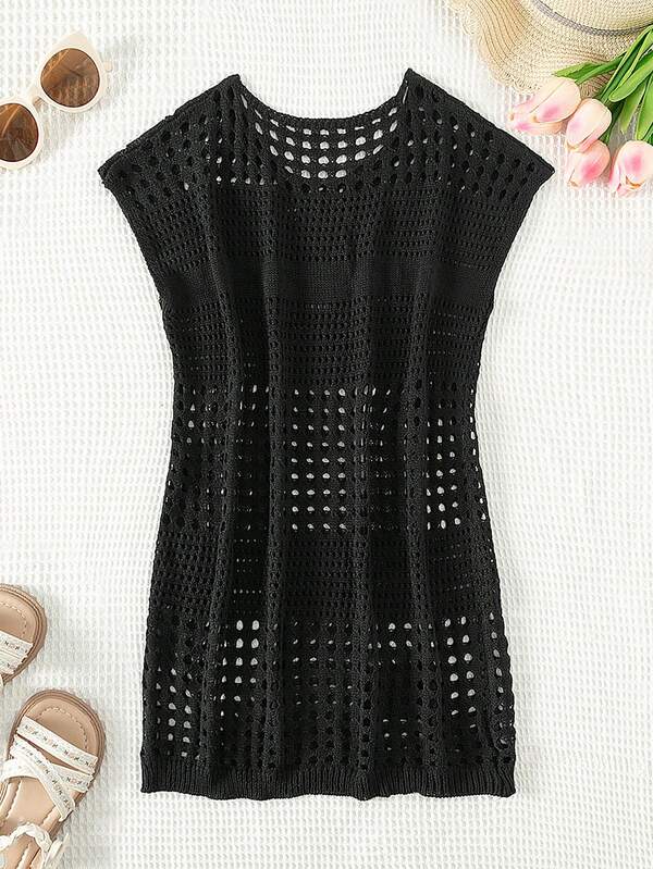 Tween Girl Solid Color Simple Hollow Out Short Sleeve Cover Up