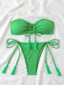 SHEIN Swim Solid Color Textured Bikini Set For Beach Vacation.,Summer Beach - Green - View 8