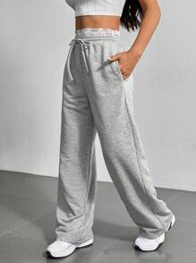 SHEIN EZwear 夏季基礎款深灰色束腰短褲，腰間有蕾絲細節 - 灰色 - 查看 6