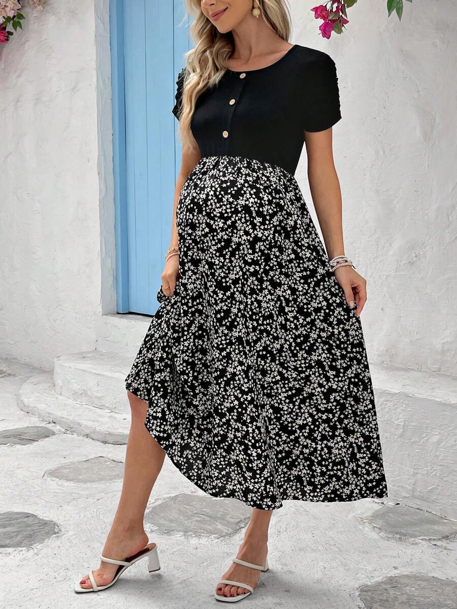 SHEIN Maternity Round Neck Short Sleeve Floral Print Dress - Black - View 1