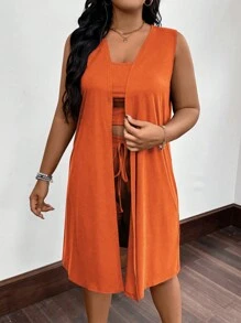 Maweii Plus Size Women Solid Color Simple Daily Two-Piece Set