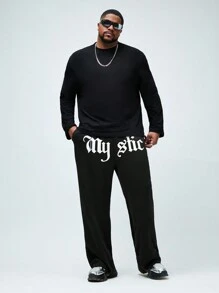Mainfolk Men Plus Size High Waist Tie-Dye Letter Print Knit Jumpsuit Trousers - Black - View 5