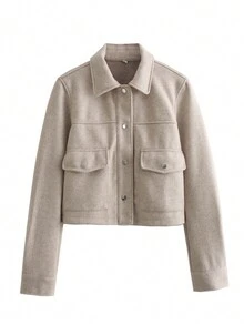 TRAFZA Women's Autumn Jacket, Fashion 3D Front Pocket Button Long Sleeve Coat, Elegant Women's Casual Jacket - Apricot - View 5