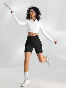 Lifespree Women Simple High Waist Solid Color Slim Fit Athletic Shorts Spandex Short