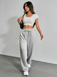 SHEIN EZwear 夏季基礎款深灰色束腰短褲，腰間有蕾絲細節 - 灰色 - 查看 5