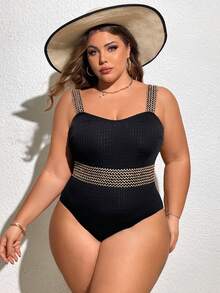 SHEIN CURVE+ 大尺碼夏季沙灘時尚彩色斜肩帶單件泳衣 - 黑色 - 查看 3