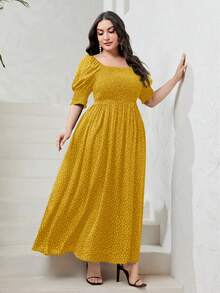 Mulvari Đầm Nữ Tay Ngắn In Hoa Cổ Vuông Với Thiết Kế Đơn Giản Và Thanh Lịch, Hoàn Hảo Cho Phong Cách Kỳ Nghỉ Hè - Màu Mù tạt vàng - Xem 4