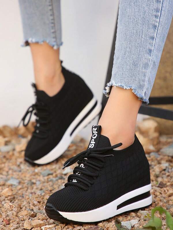 Fall/Winter Women Casual Sports Shoes With Increased Height, Mesh Design For Ventilation, Ideal For Outdoor Activities; With High Heel Inside, Lace-Up Closure And Knitted Fabric Upper,Sneakers For Women