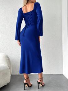 EURMUSE Long Sleeve Flounced Hem Slit Dress - Navy Blue - View 5