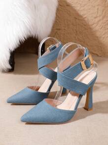 女士尖头细高跟露跟时尚香槟色/黑色/白色性感高跟鞋，带踝带，女士鞋 - 藍色 - 查看 5