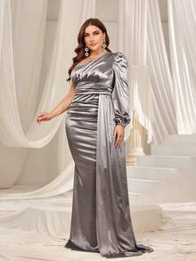 Faeriesty Plus One Shoulder Satin Formal Dress - Grey - View 5