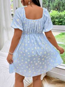 Sunnyshic Đầm mùa hè in hoa cổ tim tay ngắn cỡ lớn cho kỳ nghỉ bãi biển dành cho nữ - Xanh và trắng - Xem 2