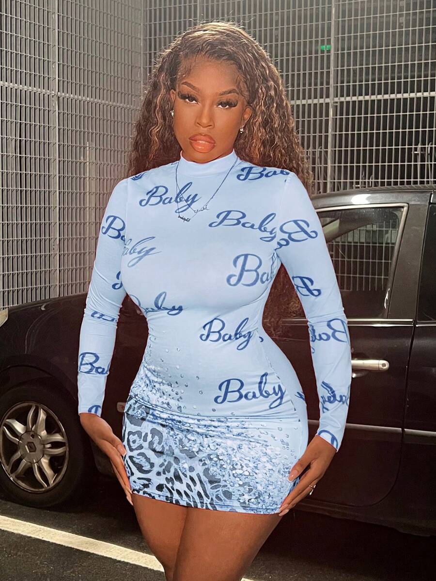 Slaydiva 女士修身立領長袖迷你緊身連衣裙，夏季字母印花款式 - 藍色 - 查看 1