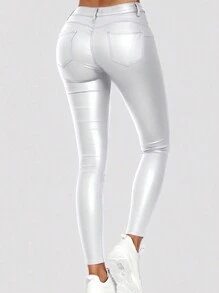 Apperloth A High Waist PU Leather Skinny Trousers - Silver - View 5