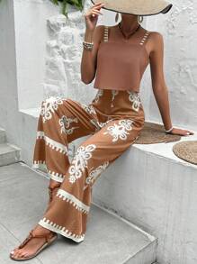 Breezaya Damen Weite Bein Jumpsuit für den Sommer Outdoor und Lässig - Khaki - Übersicht 1