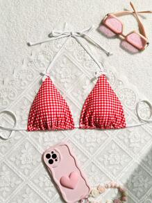 Swim Mod Women Summer Beach Vacation Gingham Simple Halter Neck Bikini Top With Random Print - Red and White - View 1